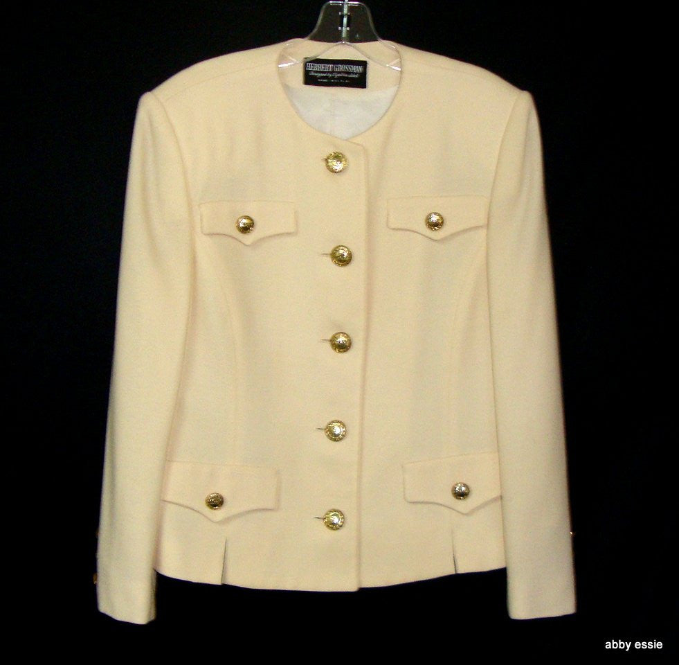 Herbert Grossman Cynthia Sobel Cream Military Style Wool Skirt Suit 12  Large Abby Essie