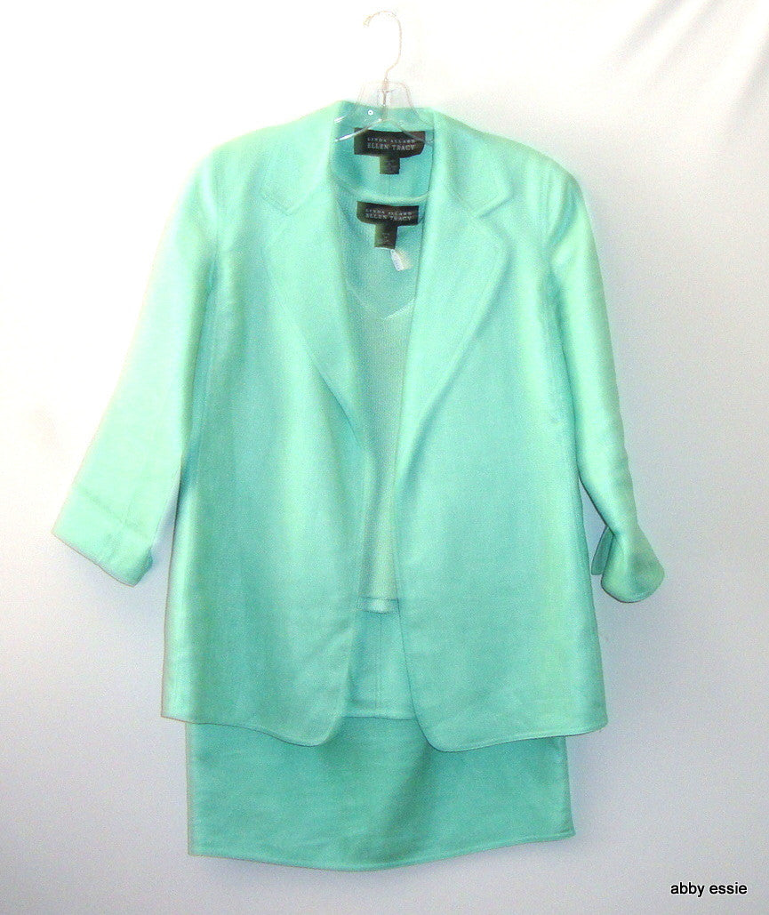 Linda Allard Ellen Tracy 3 Pc Green Linen Skirt Suit Petite