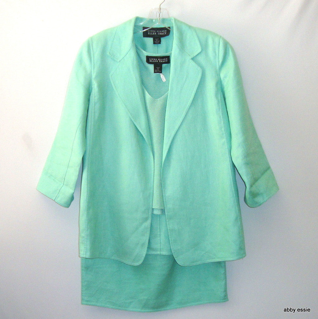 Linda Allard Ellen Tracy 3 Pc Green Linen Skirt Suit Petite
