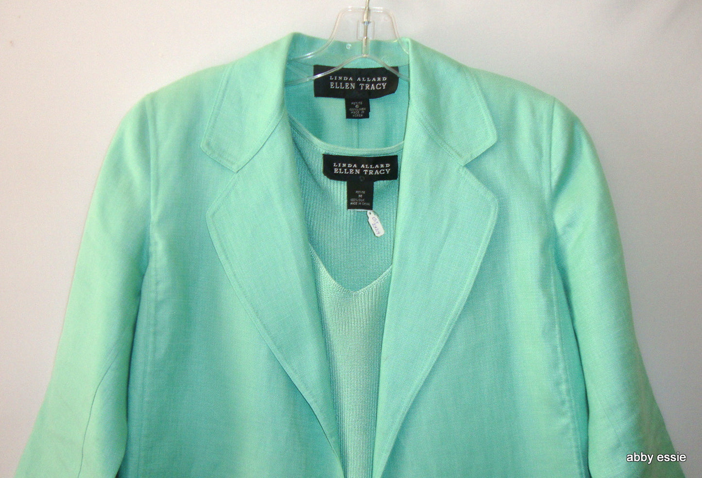 Linda Allard Ellen Tracy 3 Pc Green Linen Skirt Suit Petite
