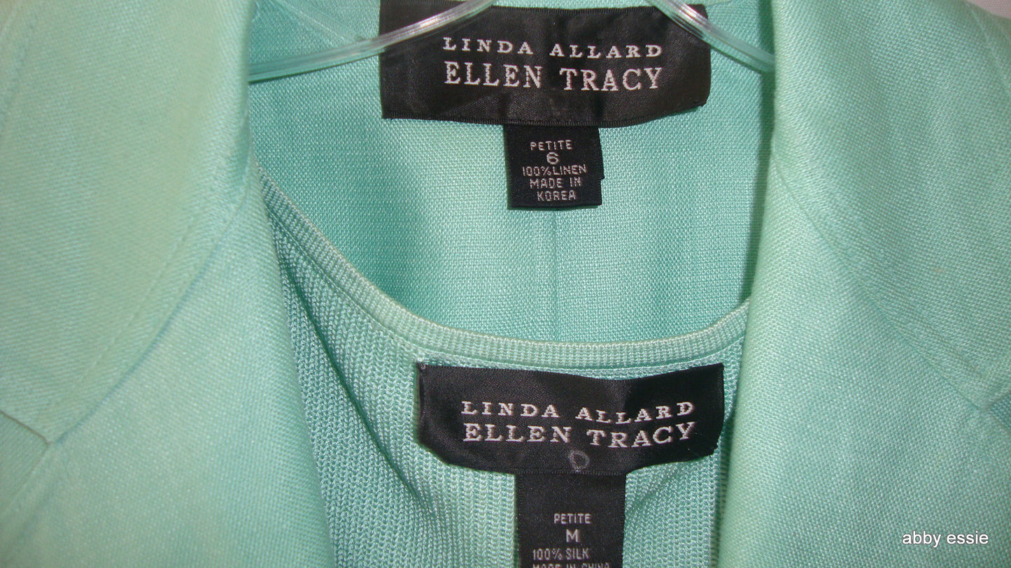 Linda Allard Ellen Tracy 3 Pc Green Linen Skirt Suit Petite