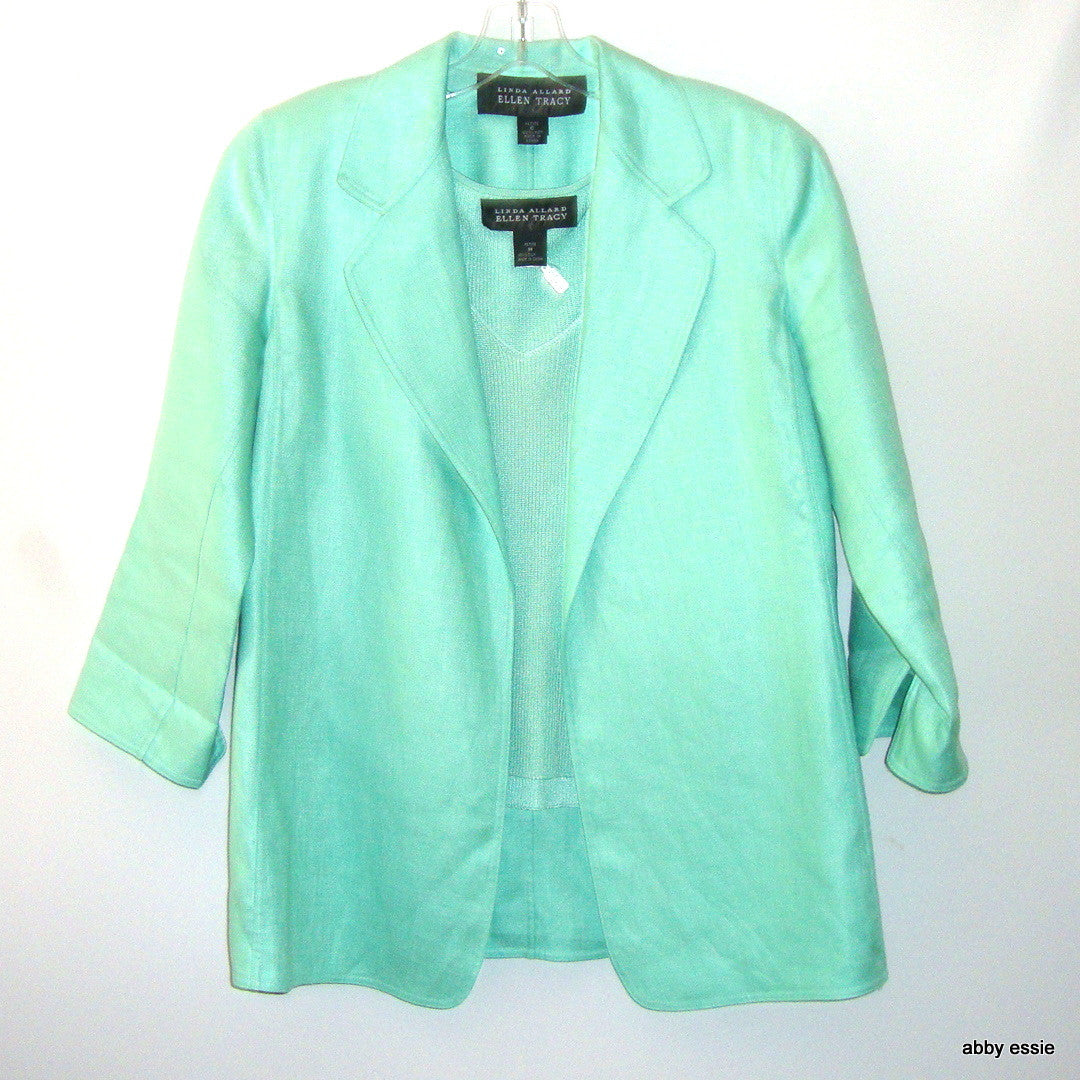 Linda Allard Ellen Tracy 3 Pc Green Linen Skirt Suit Petite
