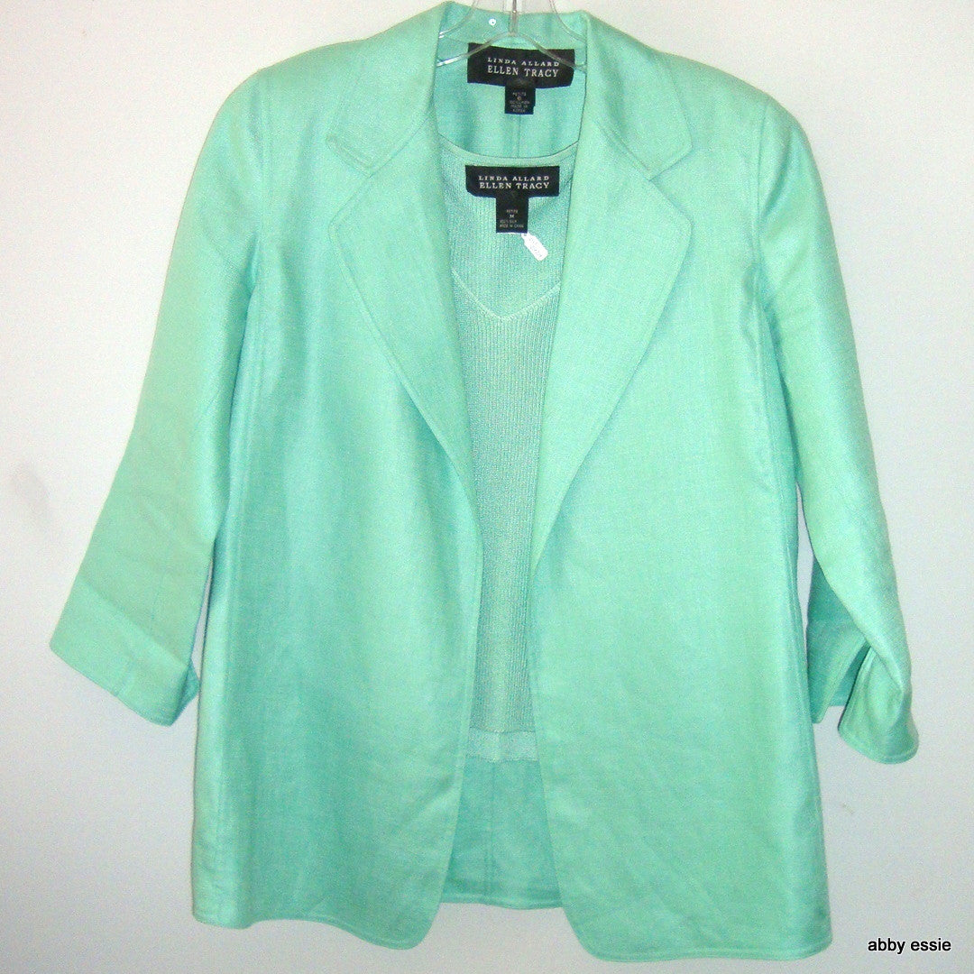 Linda Allard Ellen Tracy 3 Pc Green Linen Skirt Suit Petite