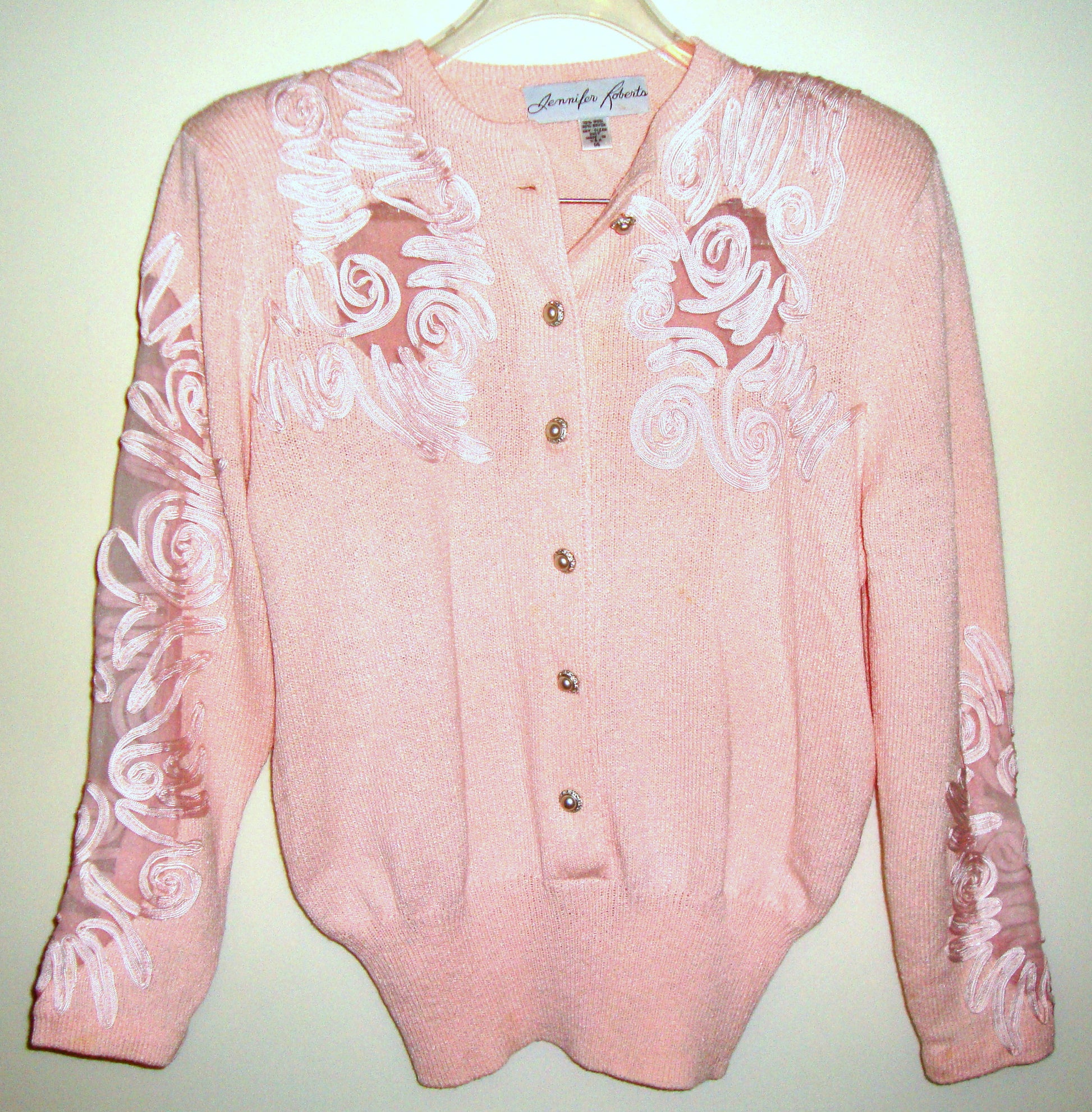 Vintage JENNIFER ROBERTS Embroidered Rhinestone Sweater Pearl Buttons Abby Essie