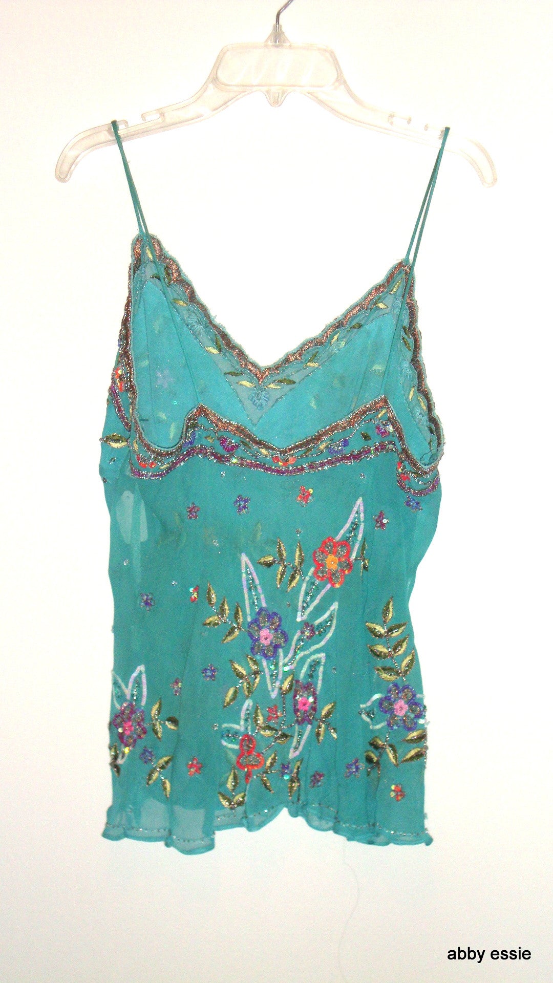 Luxury Sexy Silk Turquoise Blue Sue Wong Beaded Cocktail Formal Tank Top Small