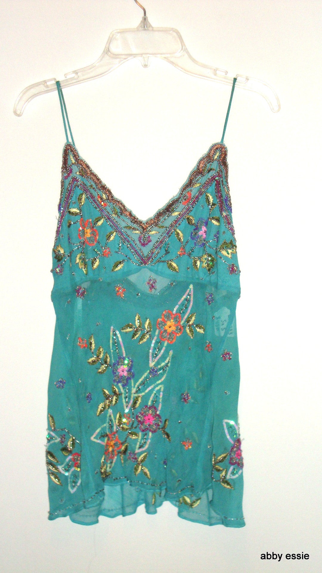 Luxury Sexy Silk Turquoise Blue Sue Wong Beaded Cocktail Formal Tank Top Small Abby Essie