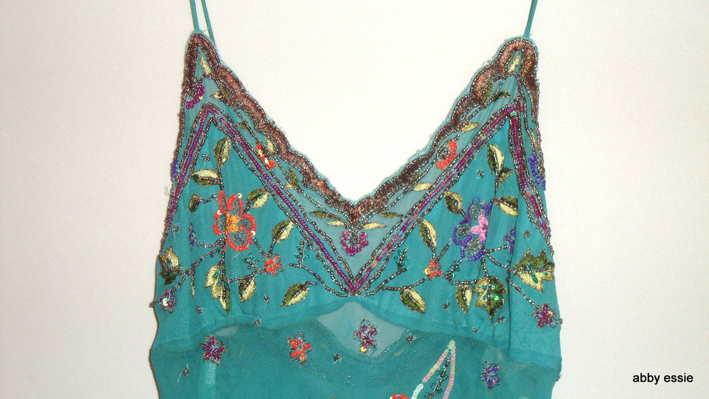 Luxury Sexy Silk Turquoise Blue Sue Wong Beaded Cocktail Formal Tank Top Small
