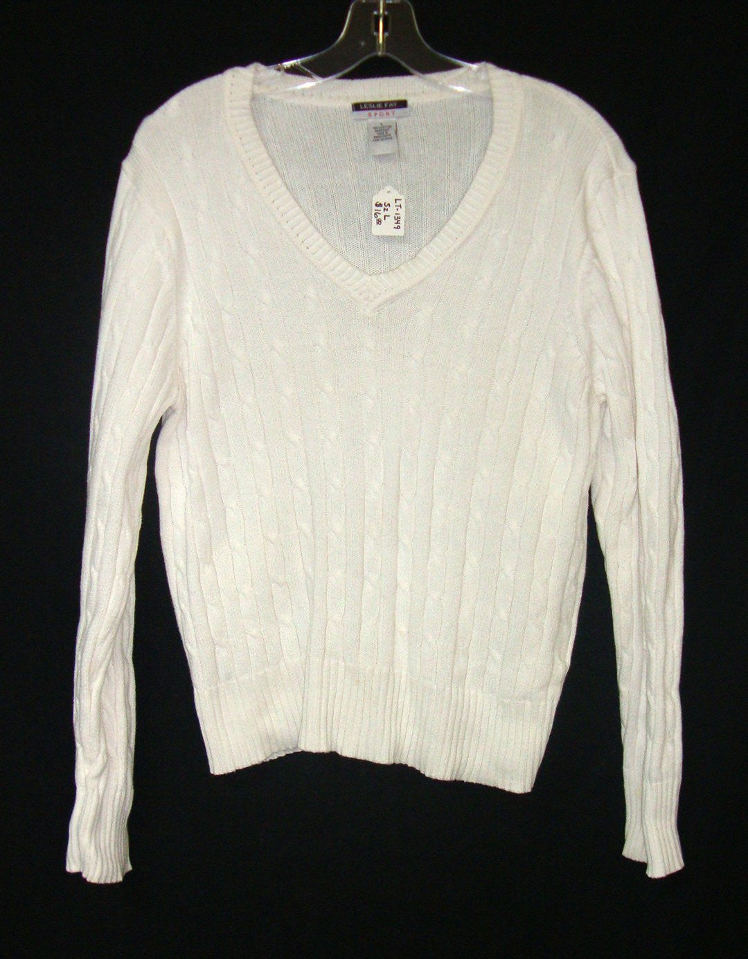 LESLIE FAY SPORT WHITE V-NECK CABLE KNIT SWEATER, LONG SLEEVE SZ LARGE