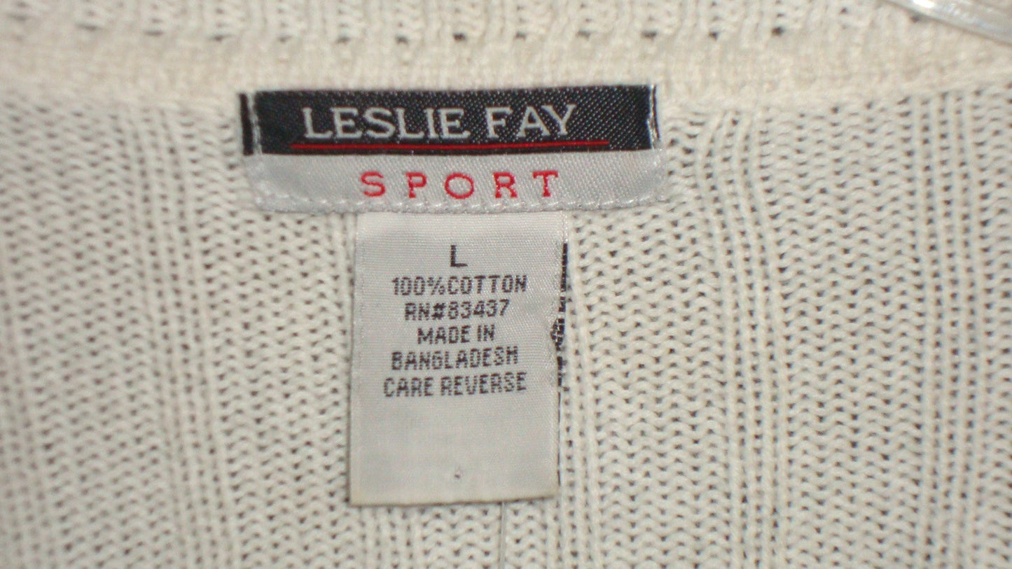 LESLIE FAY SPORT WHITE V-NECK CABLE KNIT SWEATER, LONG SLEEVE SZ LARGE