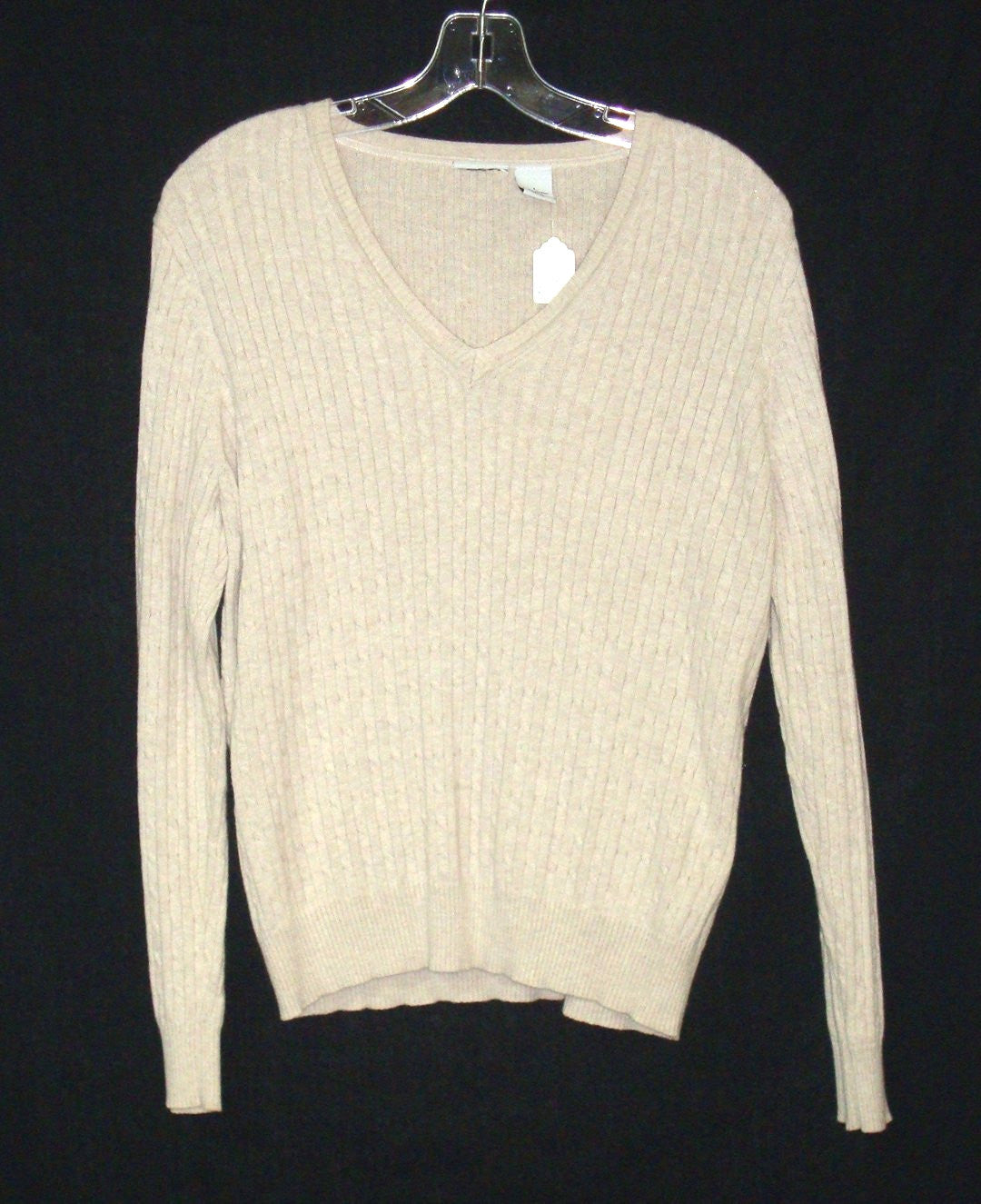 BEIGE CABLE KNIT V-NECK PULL-OVER SWEATER, LONG SLEEVE SZ LARGE