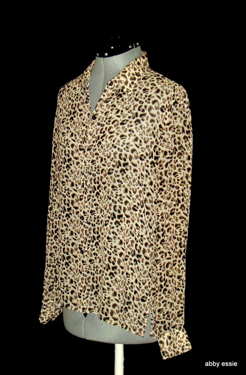 Liz Claiborne Lizsport  Beige Tan Brown Cheetah Animal Sheer Silky Blouse 10