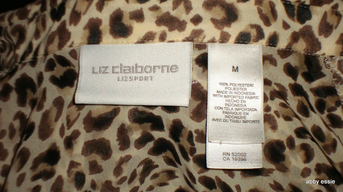 Liz Claiborne Lizsport  Beige Tan Brown Cheetah Animal Sheer Silky Blouse 10