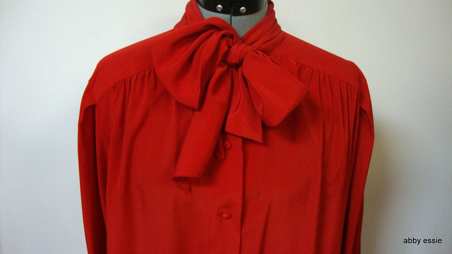 Vintage Red Kitten Bow Silky Blouson Sleeve Career Cocktail