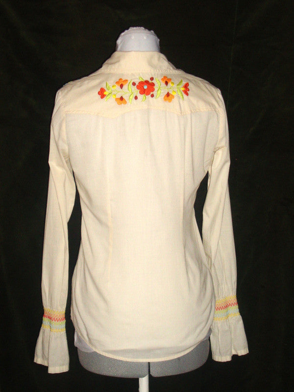 Buffalo David Bitten White Cream Western Floral Blouse Embroidered Small