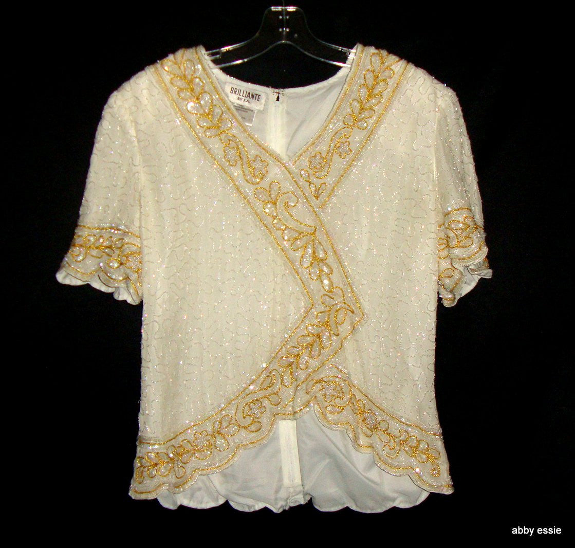 VINTAGE BRILLIANTE CREAM WHITE SEQUINED SILKY BLOUSE W/ GOLD 100% SILK Abby Essie