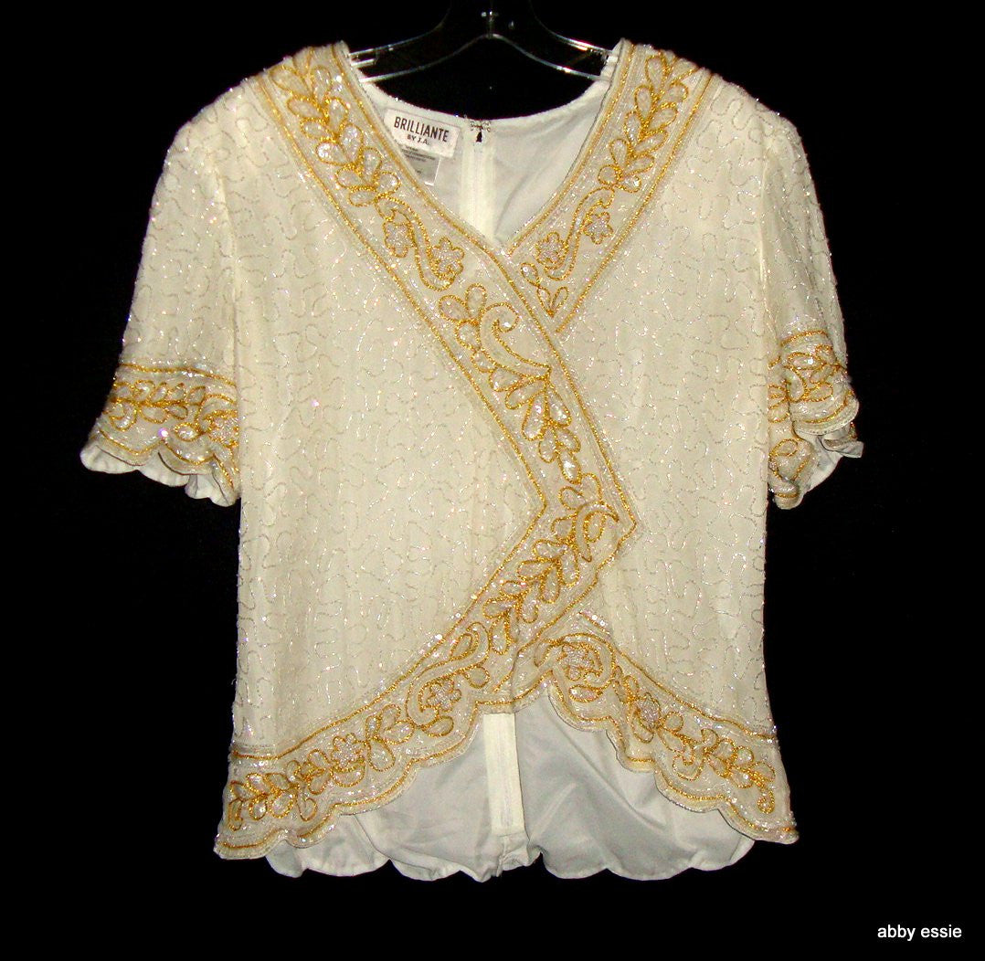 VINTAGE BRILLIANTE CREAM WHITE SEQUINED SILKY BLOUSE W/ GOLD 100% SILK Abby Essie