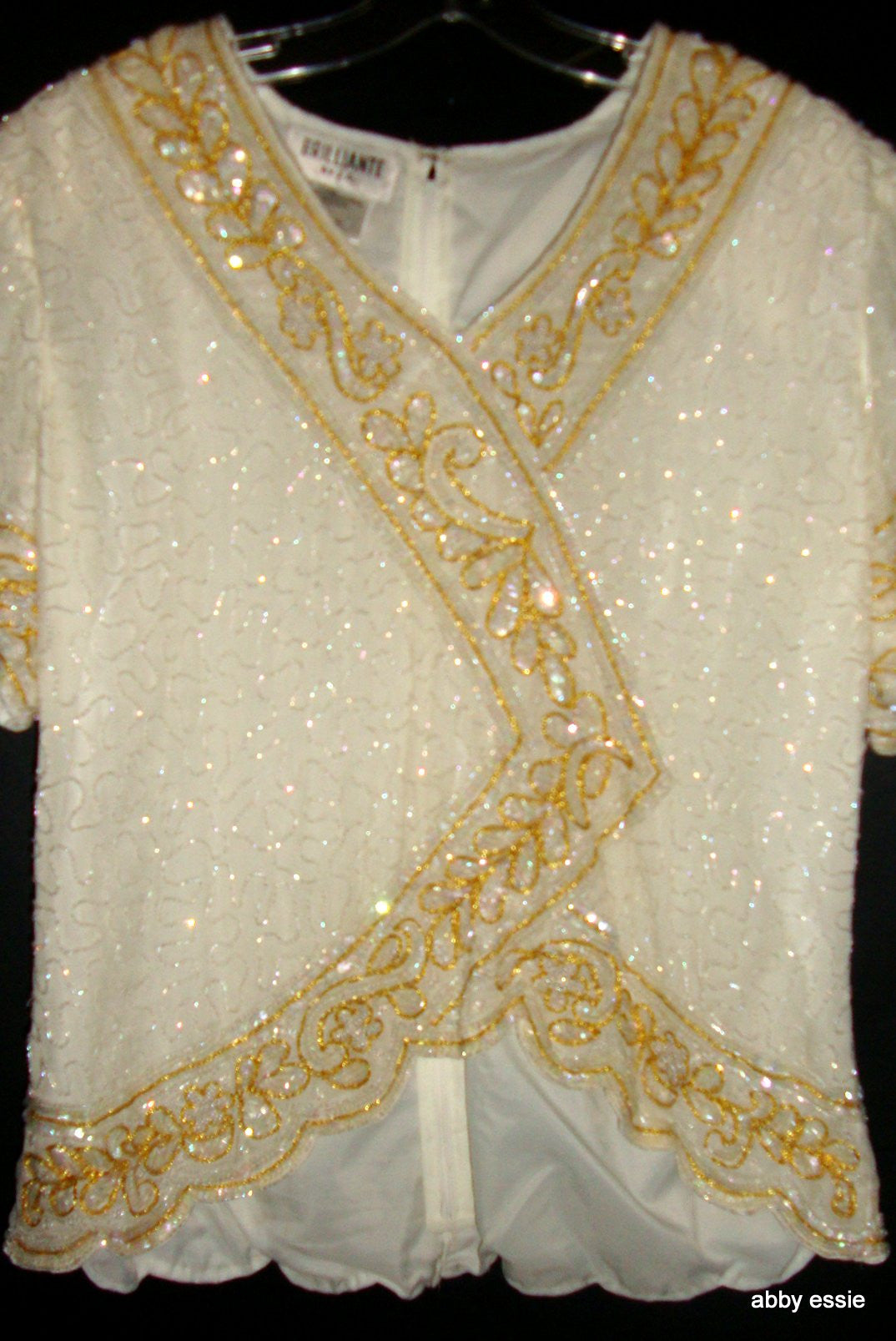 VINTAGE BRILLIANTE CREAM WHITE SEQUINED SILKY BLOUSE W/ GOLD 100% SILK Abby Essie