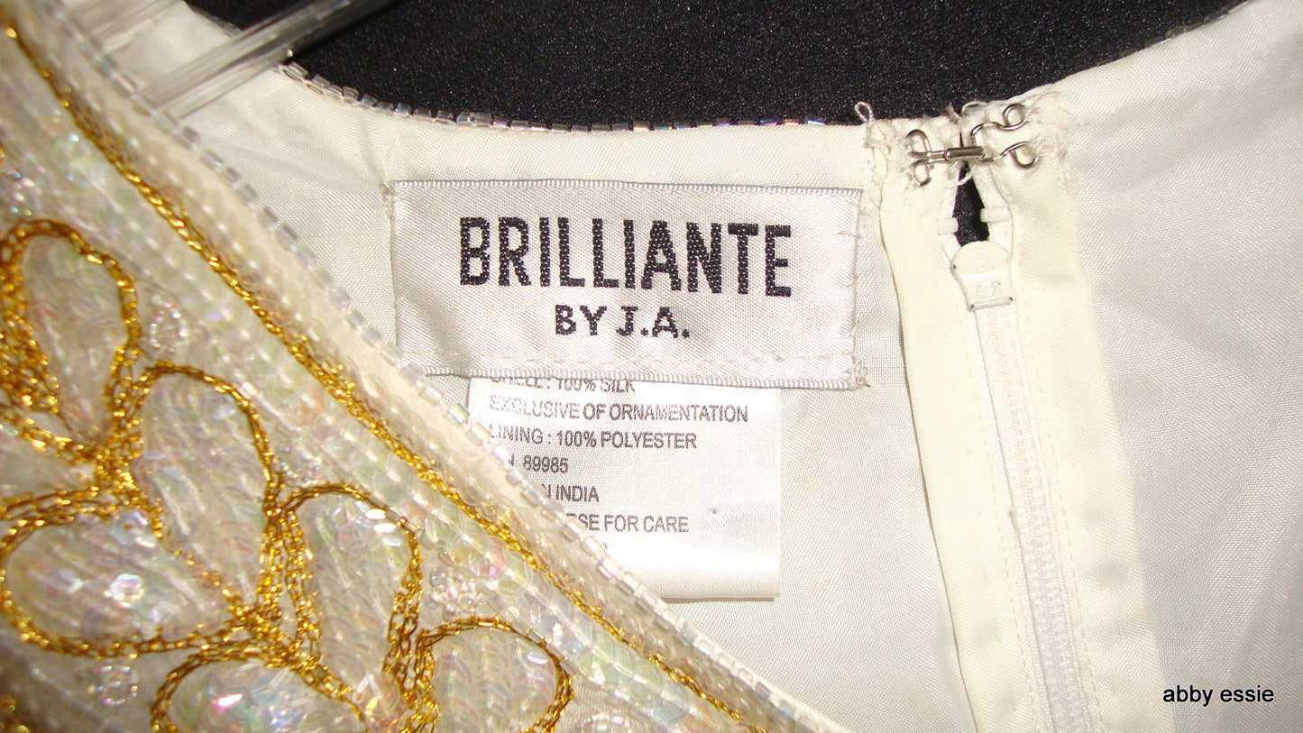 VINTAGE BRILLIANTE CREAM WHITE SEQUINED SILKY BLOUSE W/ GOLD 100% SILK Abby Essie