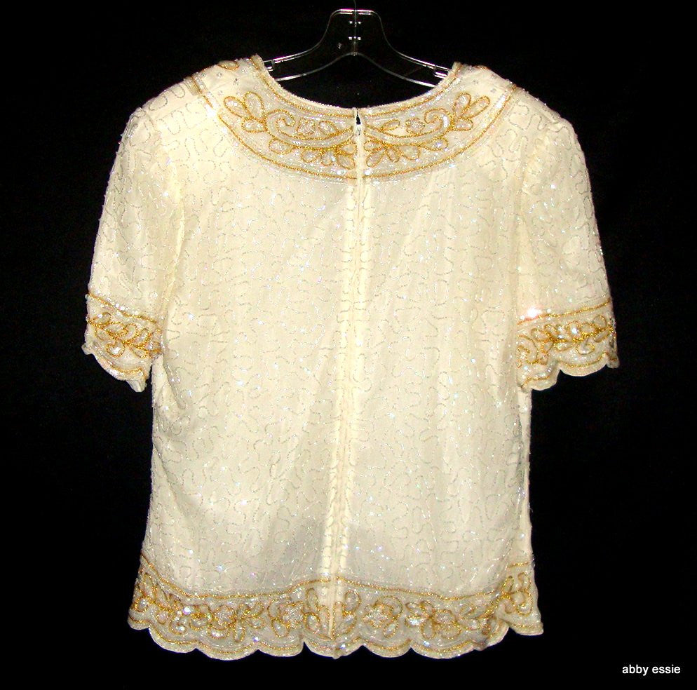 VINTAGE BRILLIANTE CREAM WHITE SEQUINED SILKY BLOUSE W/ GOLD 100% SILK Abby Essie