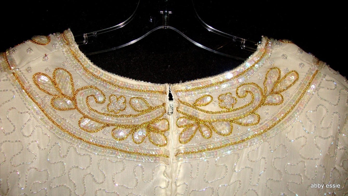 VINTAGE BRILLIANTE CREAM WHITE SEQUINED SILKY BLOUSE W/ GOLD 100% SILK Abby Essie