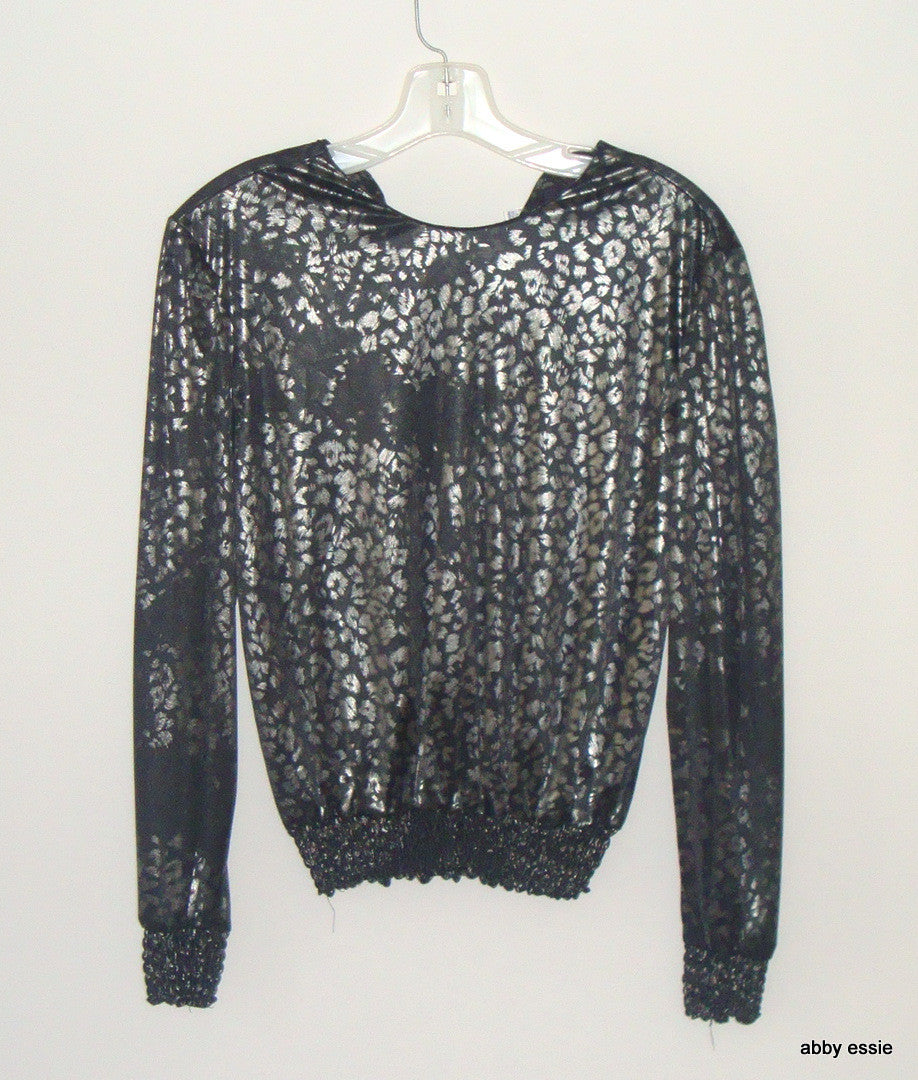 Vintage Silver Leaf Black Silver Shiny Polyester Stretchy Cocktail Club Top