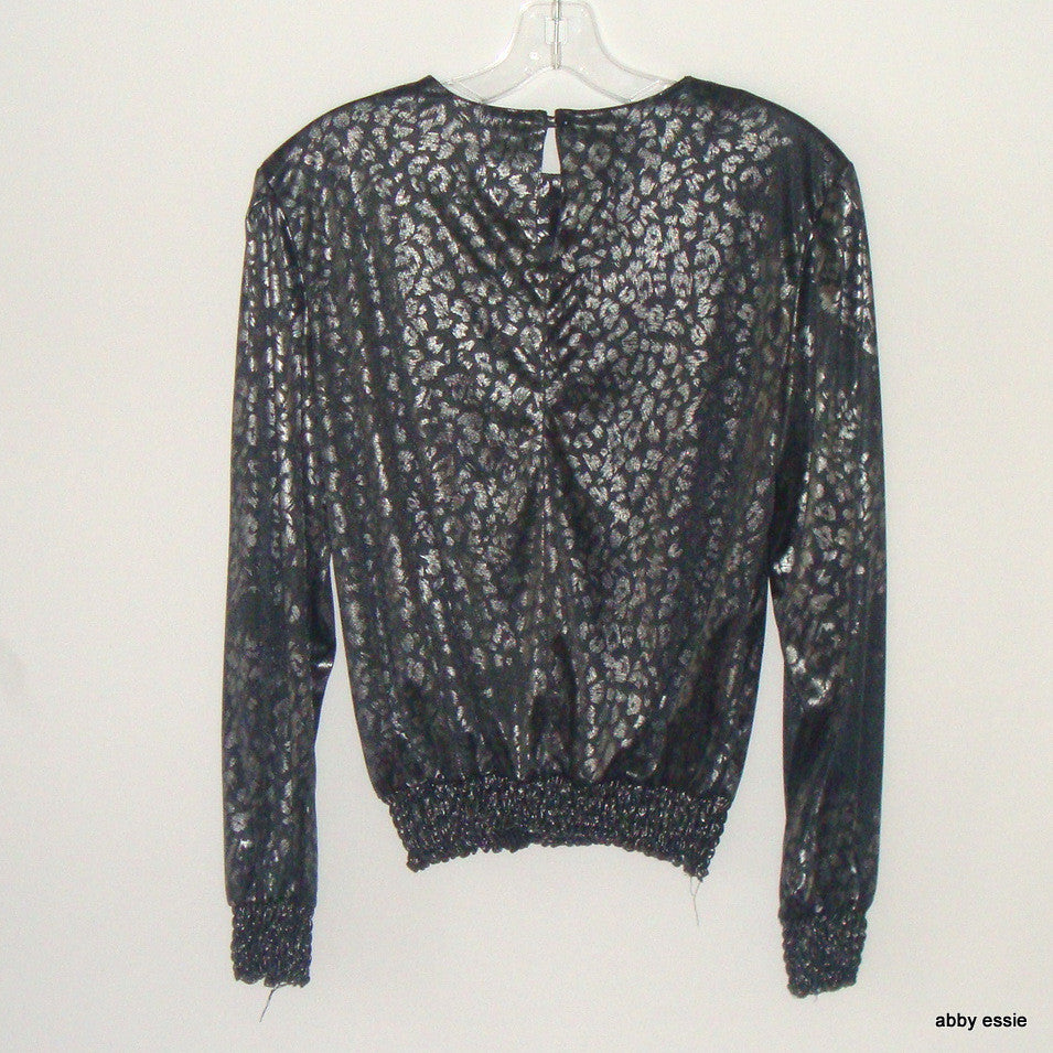 Vintage Silver Leaf Black Silver Shiny Polyester Stretchy Cocktail Club Top