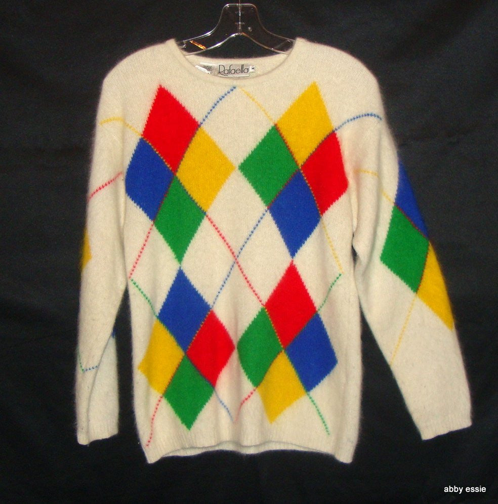 Vintage Rafaella Cream White Red Blue Yellow Rabbit Hair Sweater Abby Essie