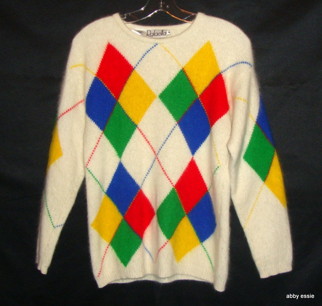 Vintage Rafaella Cream White Red Blue Yellow Rabbit Hair Sweater