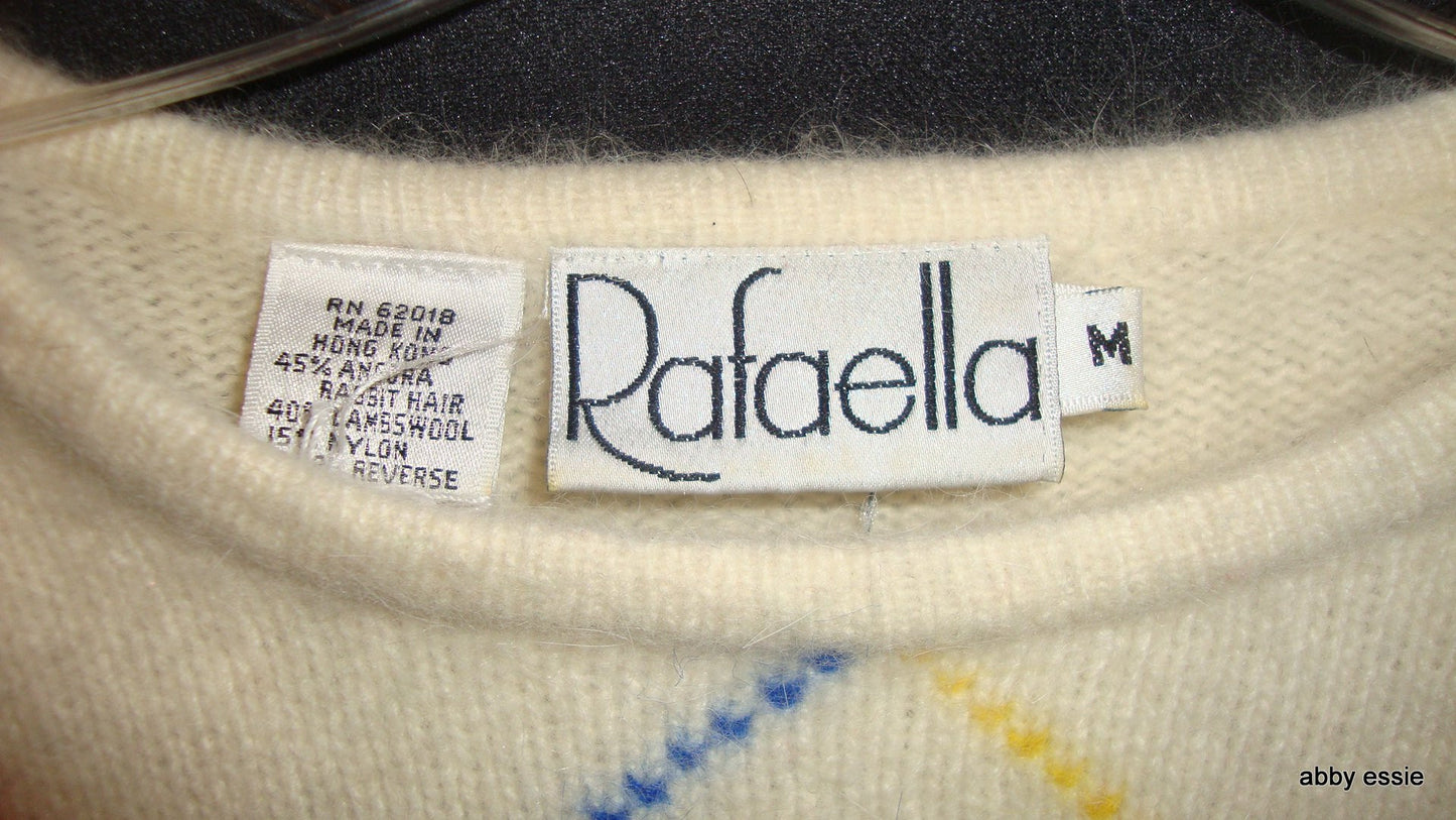 Vintage Rafaella Cream White Red Blue Yellow Rabbit Hair Sweater