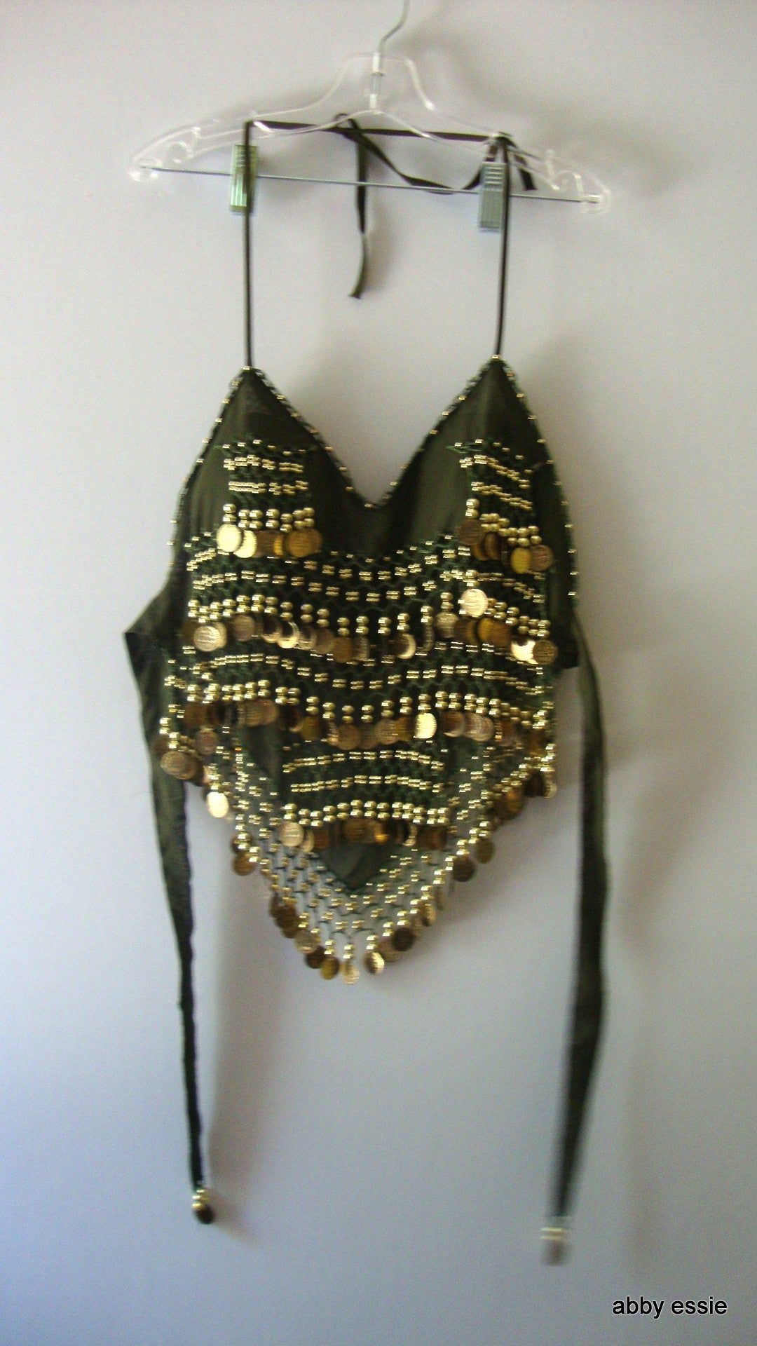 EXOTIC BEADED COIN GREEN BELLY DANCING SILKY CHIFFON HALTER TANK SZ Small Abby Essie