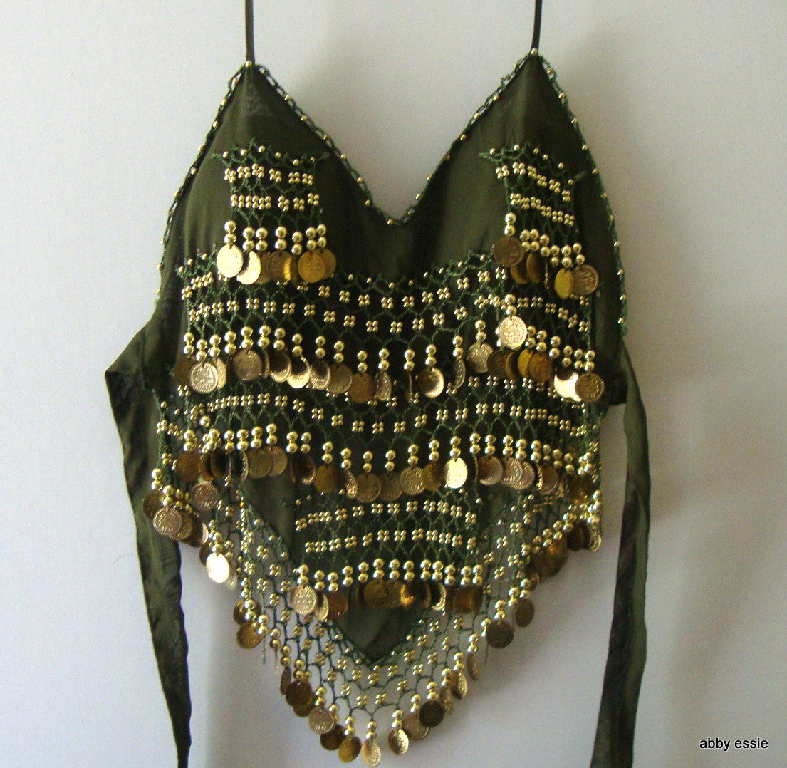 EXOTIC BEADED COIN GREEN BELLY DANCING SILKY CHIFFON HALTER TANK SZ Small Abby Essie