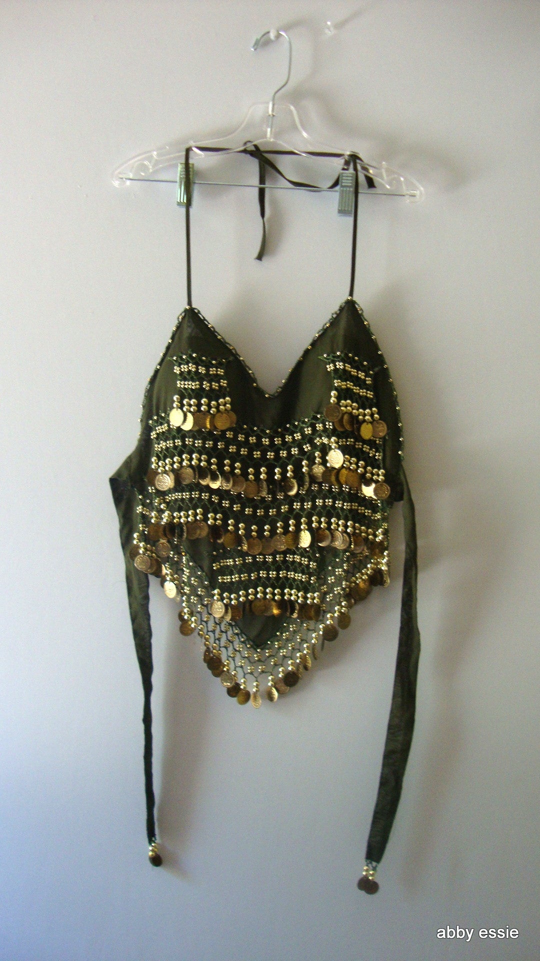 EXOTIC BEADED COIN GREEN BELLY DANCING SILKY CHIFFON HALTER TANK SZ Small