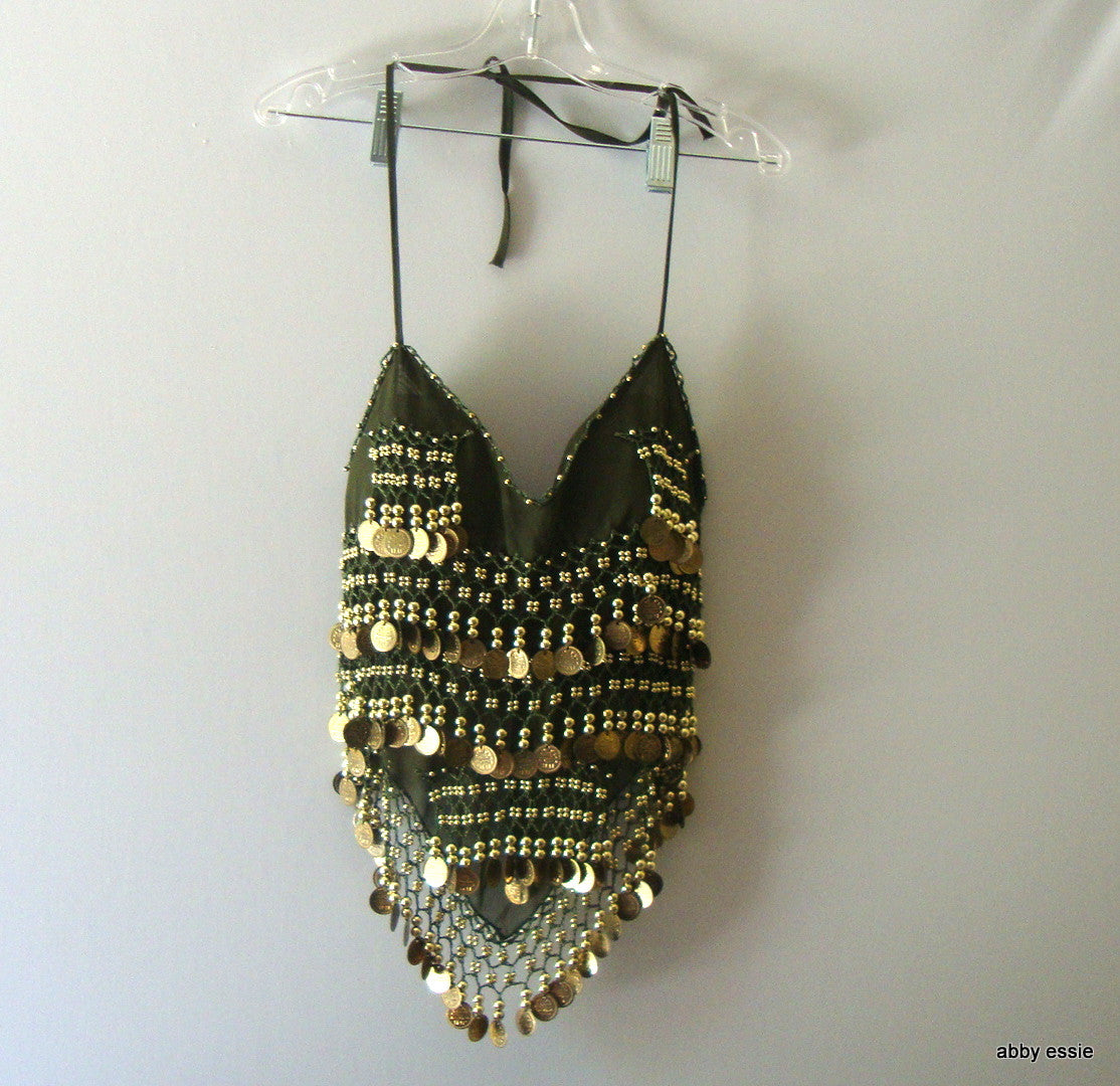 EXOTIC BEADED COIN GREEN BELLY DANCING SILKY CHIFFON HALTER TANK SZ Small Abby Essie