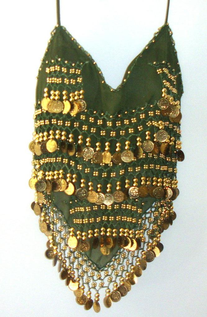 EXOTIC BEADED COIN GREEN BELLY DANCING SILKY CHIFFON HALTER TANK SZ Small Abby Essie