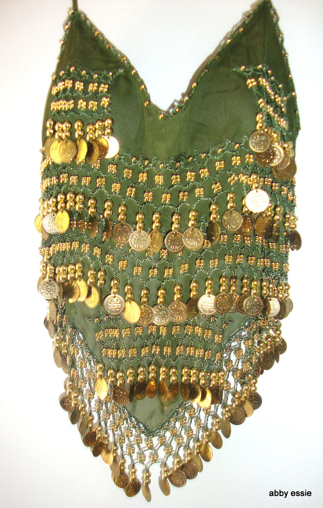 EXOTIC BEADED COIN GREEN BELLY DANCING SILKY CHIFFON HALTER TANK SZ Small Abby Essie