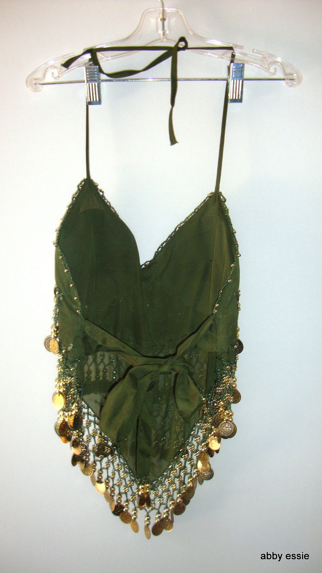 EXOTIC BEADED COIN GREEN BELLY DANCING SILKY CHIFFON HALTER TANK SZ Small