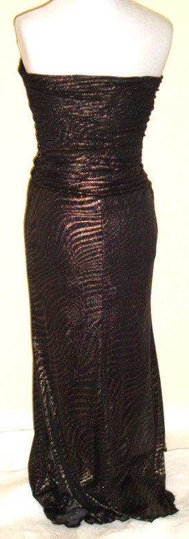 Vintage Black & Gold Ruched Strapless Stretch Dress/ Rhinestone
