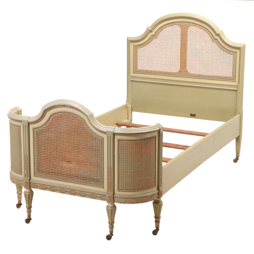 French Baroque Louis XVI Cane Green Painted Twin Bed