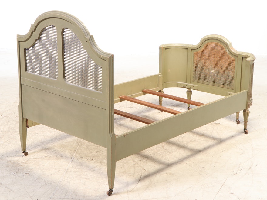 French Baroque Louis XVI Cane Green Painted Twin Bed