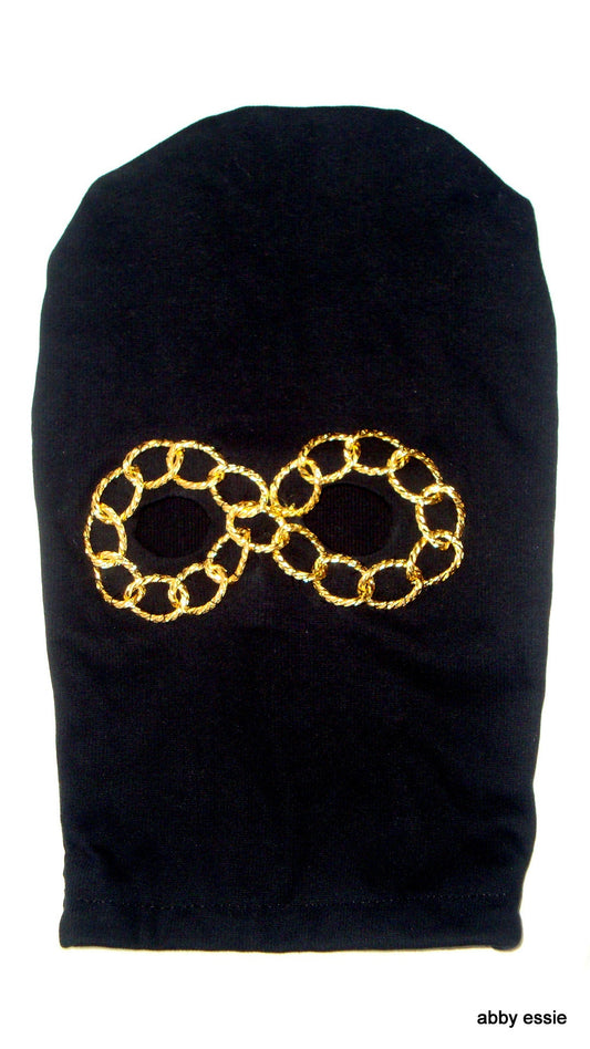 NEW Designer Handmade HIP HOP ROCK STAR METAL BAND BLACK KNIT GOLD CHAIN EYE SKI MASK COSTUME HAND Abby Essie