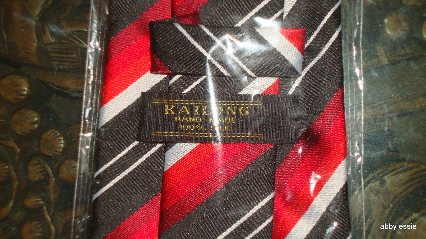 New Black Red White Diagonal Striped Silk Tie Hong Kong 100% Silk Handmade 4" Width