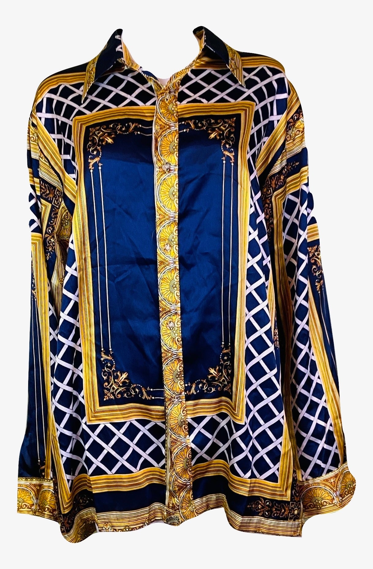 Men's Blue Gold Striped Versace Silky Shirt XL ABBY ESSIE STUDIOS