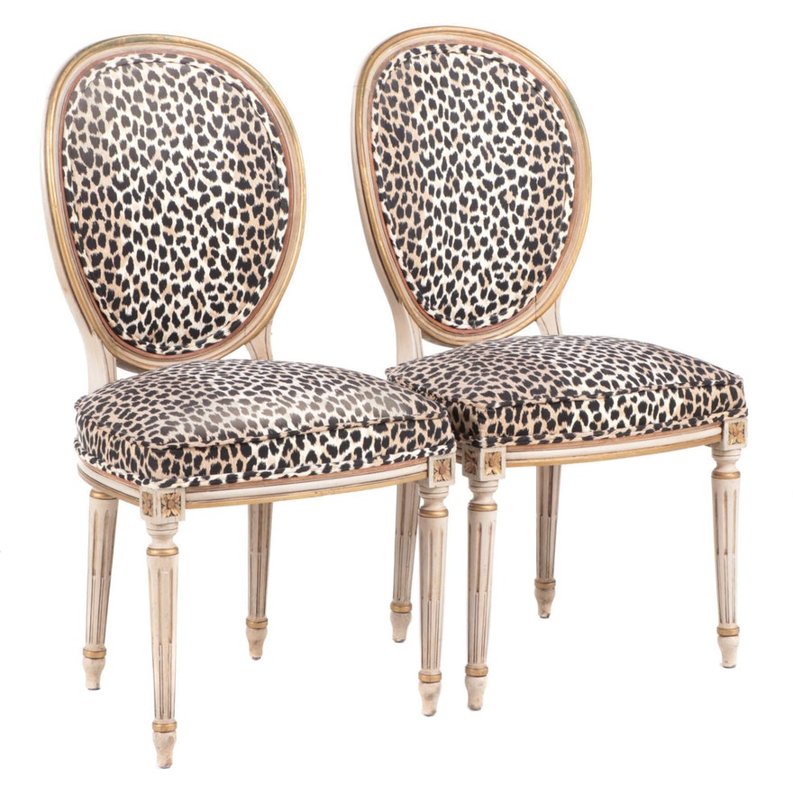 French Louis XVI Parcel Gilt Gold Animal Print Fauteul Chairs - Pair of 2