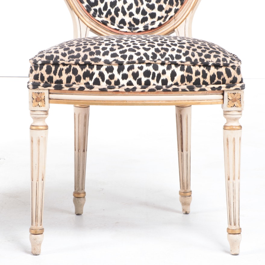 French Louis XVI Parcel Gilt Gold Animal Print Fauteul Chairs - Pair of 2