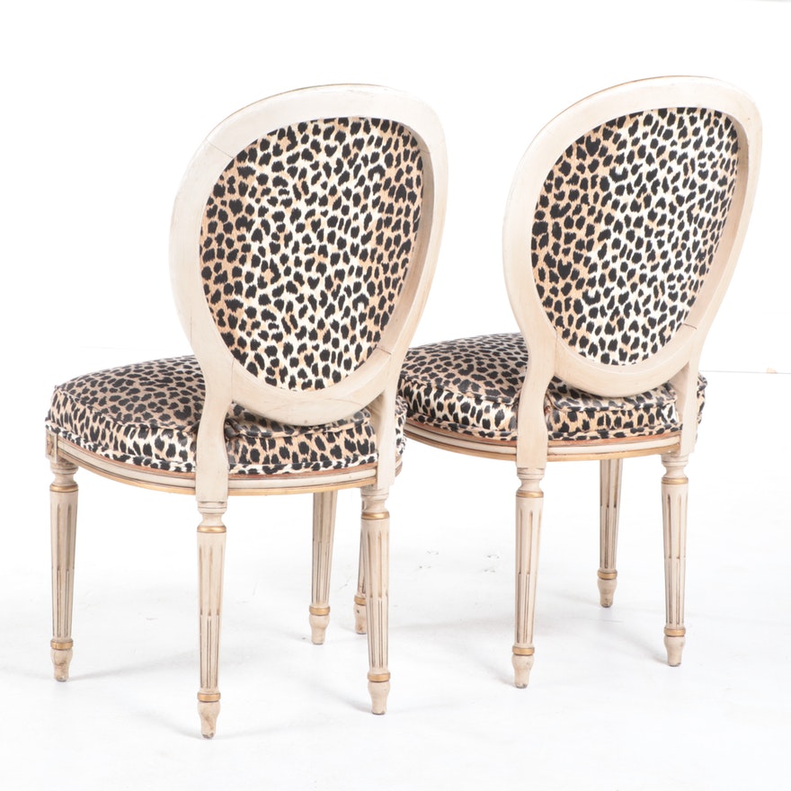 French Louis XVI Parcel Gilt Gold Animal Print Fauteul Chairs - Pair of 2