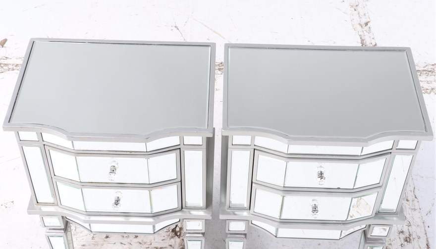 Modern Hollywood Regency Silver Mirrored Glass Nightstands - Pair of 2 ABBY ESSIE STUDIOS