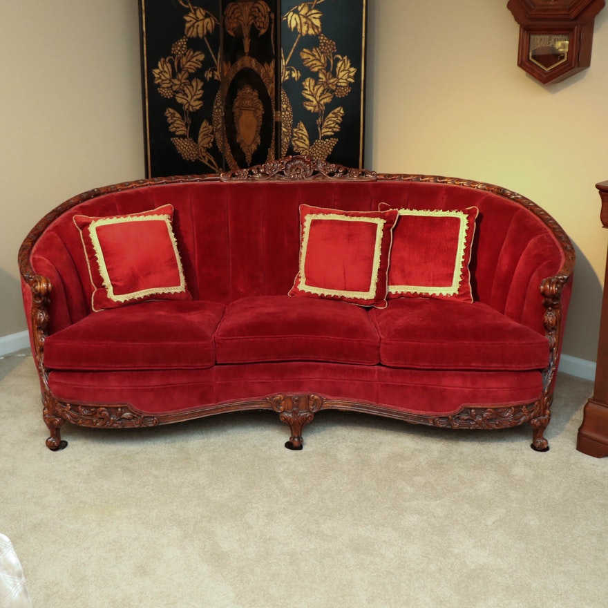 French Rococo Carved Walnut Mahogany Red Velvet Settee Sofa ABBY ESSIE STUDIOS