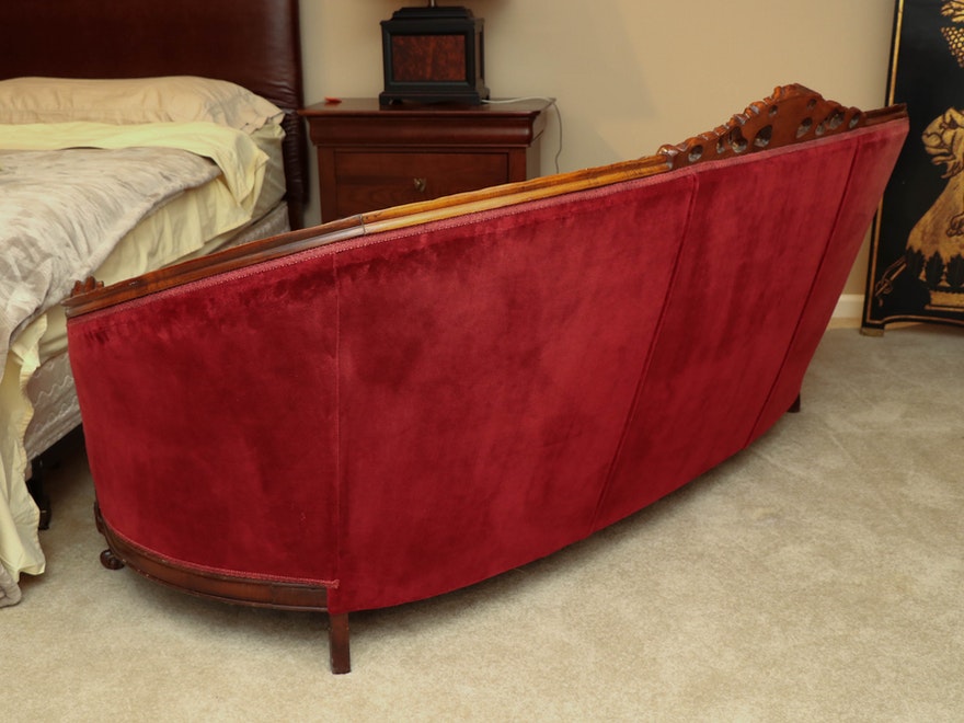French Rococo Carved Walnut Mahogany Red Velvet Settee Sofa