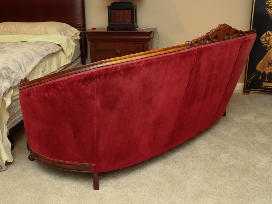 French Rococo Carved Walnut Mahogany Red Velvet Settee Sofa ABBY ESSIE STUDIOS