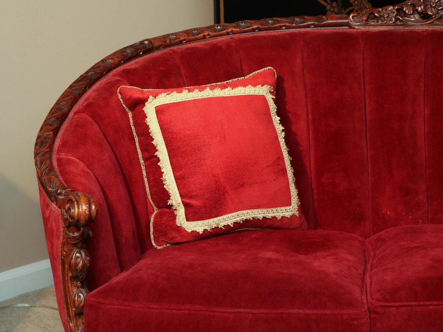 French Rococo Carved Walnut Mahogany Red Velvet Settee Sofa ABBY ESSIE STUDIOS